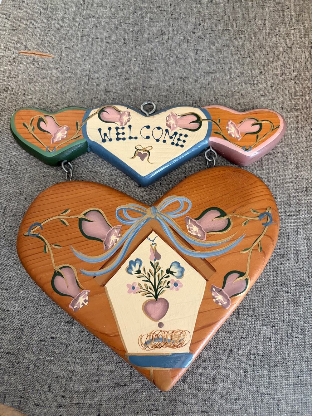 Vintage Hand Painted Wood Welcome Heart Plaque Birdhouse Cottagecore Folk Art